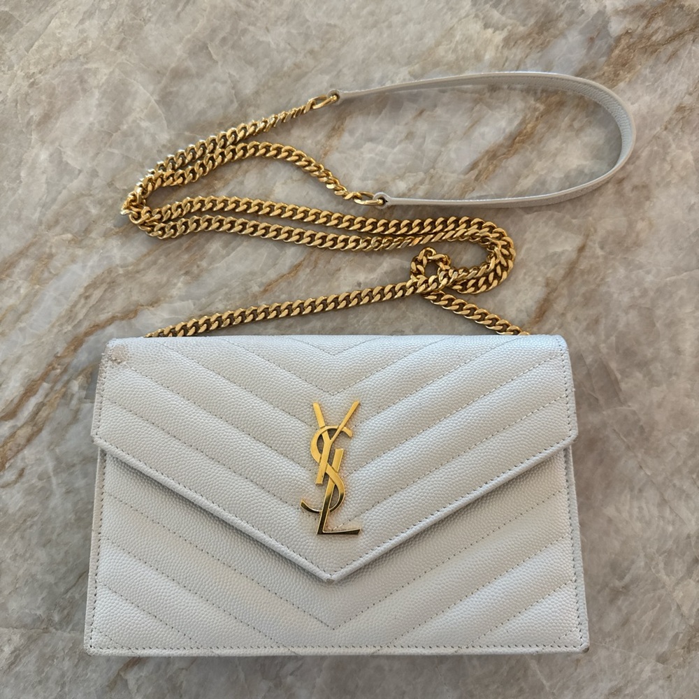 Yves Saint Laurent Cream Quilted Clutch with Gold Chain